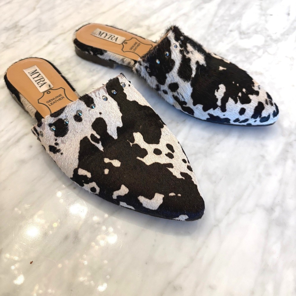 MYRA Cowhide Hair-On‎ Leather Studded Mule Slides Size 7 Western Boho Flats